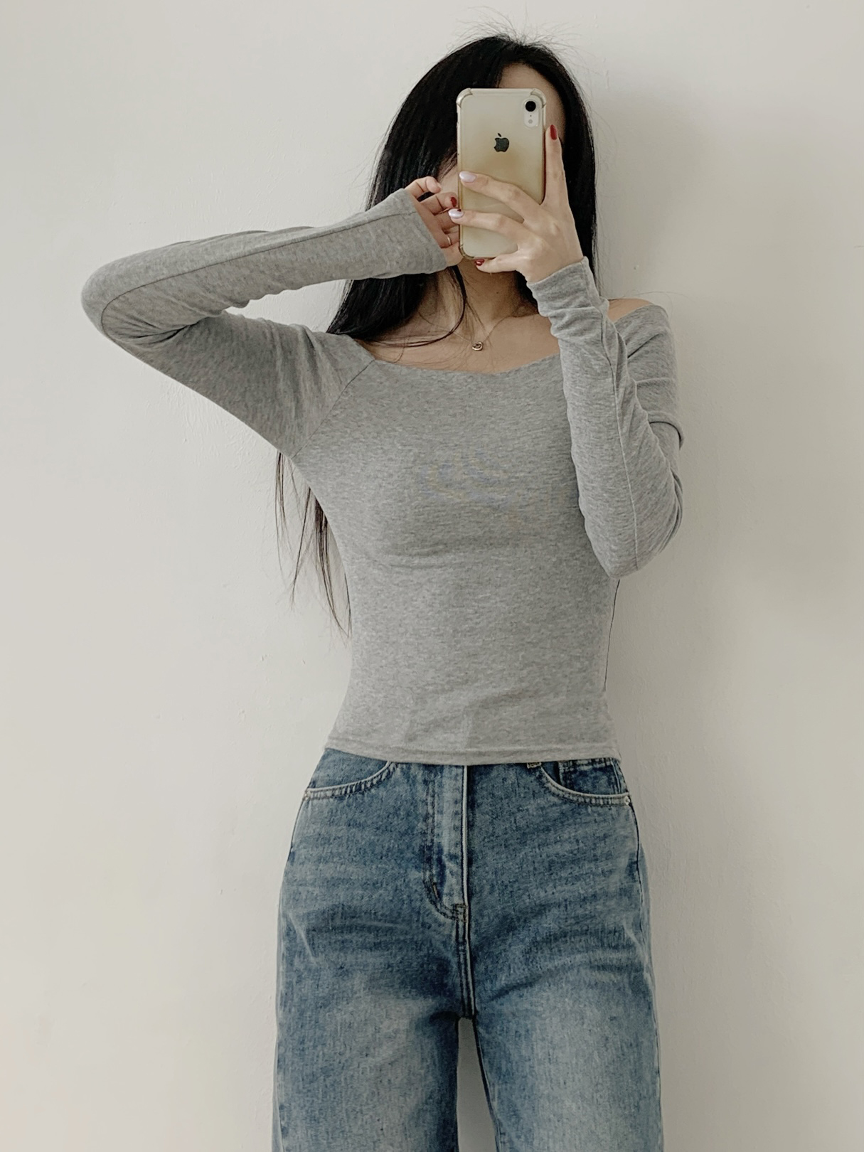 オフショルダースリムショート長袖無地Tシャツ | 詳細画像8