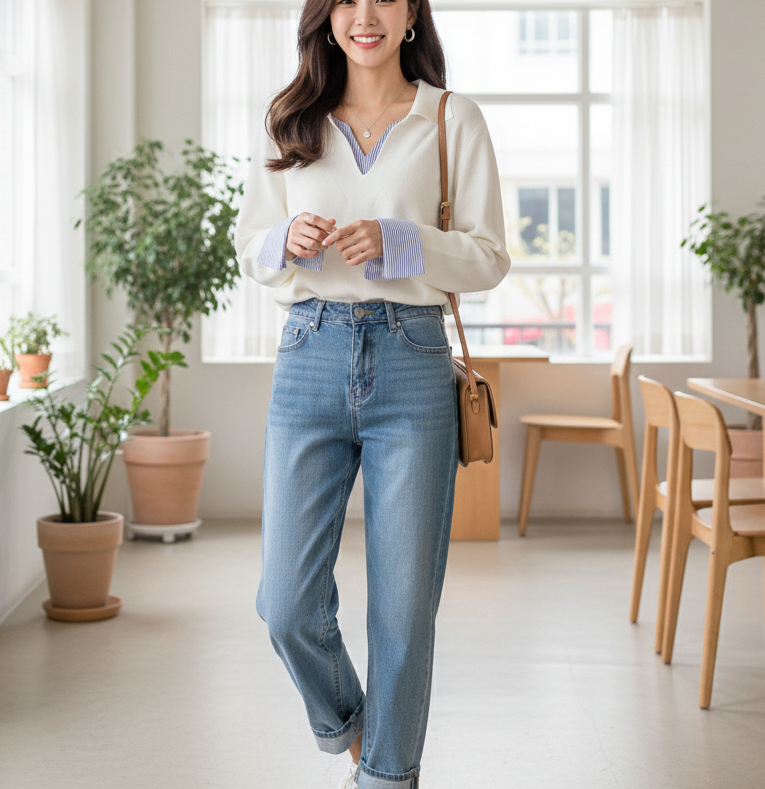 コンビオープンカラーレイヤード風ルーズ長袖ボーダーニット | 詳細画像2