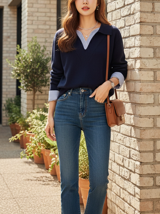 コンビオープンカラーレイヤード風ルーズ長袖ボーダーニット | 詳細画像3