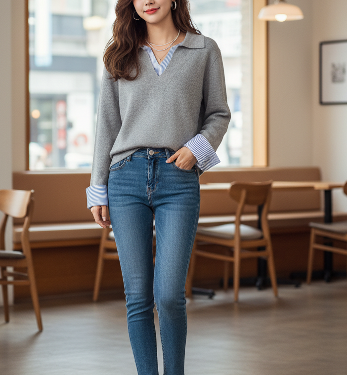 コンビオープンカラーレイヤード風ルーズ長袖ボーダーニット | 詳細画像6