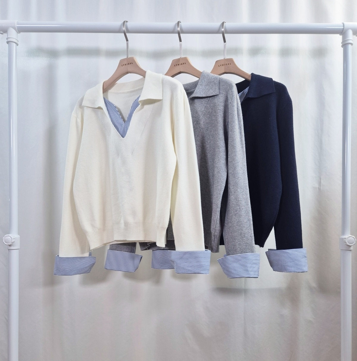 コンビオープンカラーレイヤード風ルーズ長袖ボーダーニット | 詳細画像7