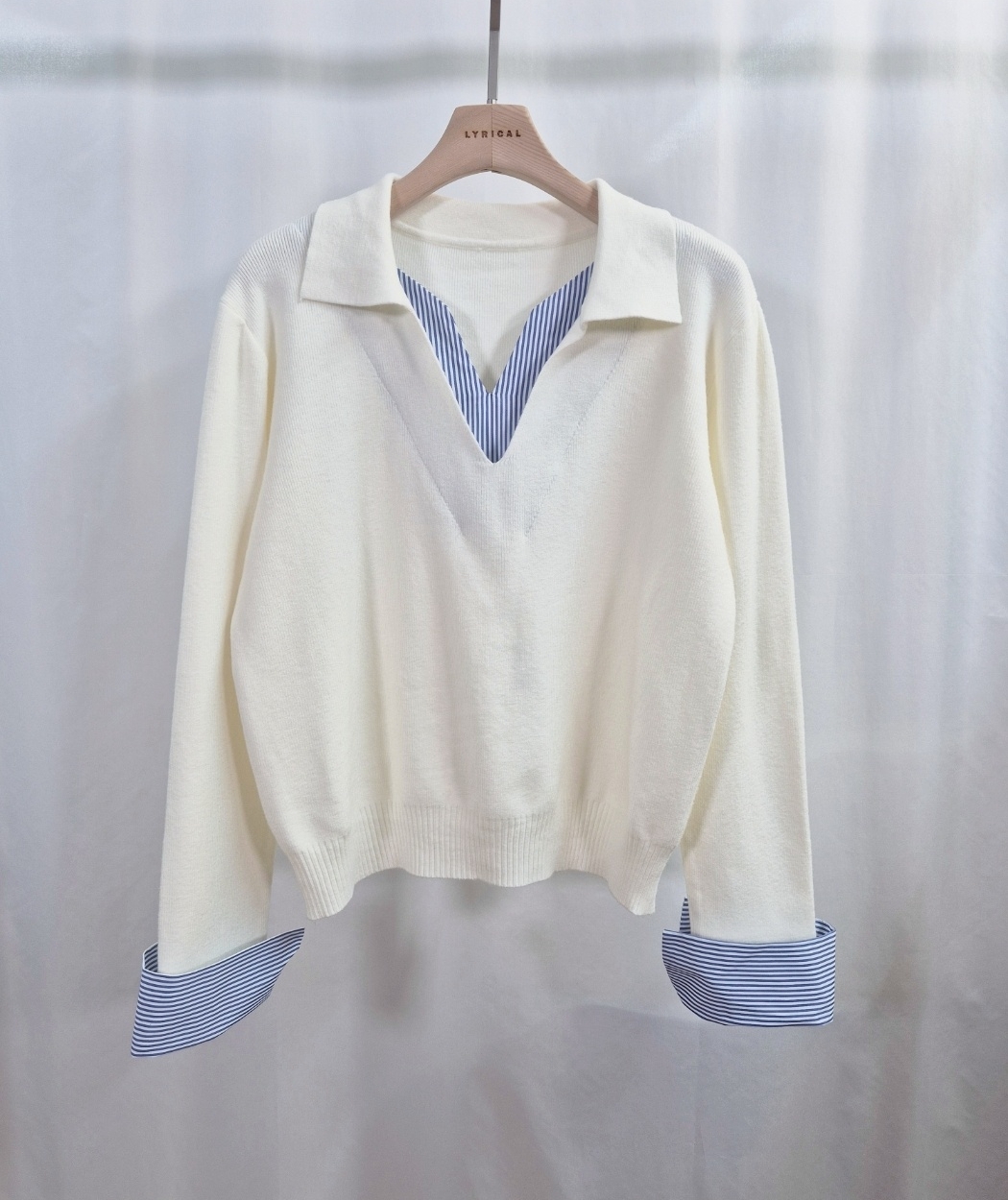 コンビオープンカラーレイヤード風ルーズ長袖ボーダーニット | 詳細画像8