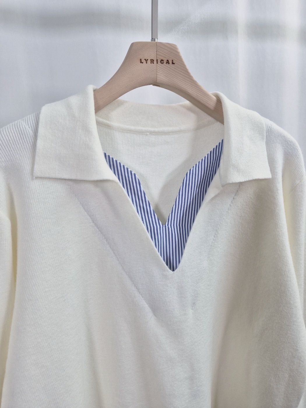 コンビオープンカラーレイヤード風ルーズ長袖ボーダーニット | 詳細画像9