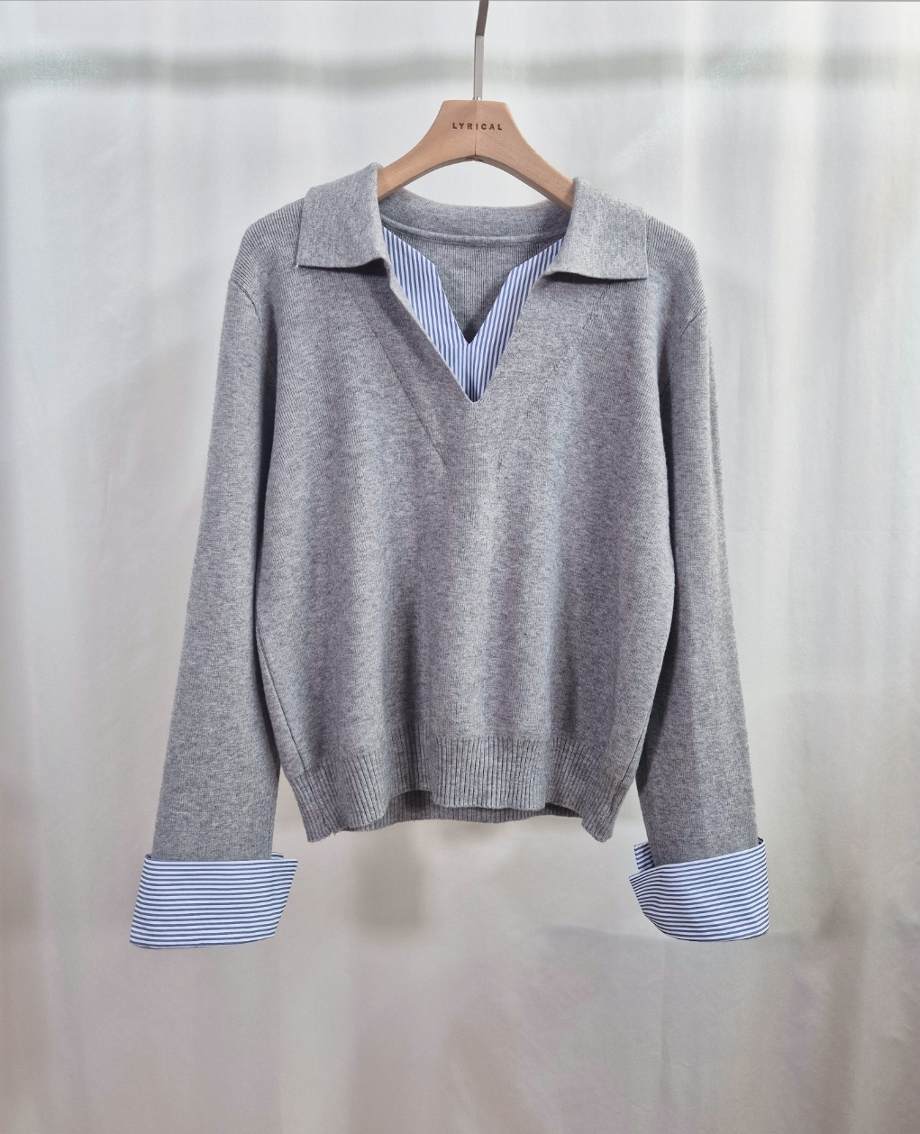 コンビオープンカラーレイヤード風ルーズ長袖ボーダーニット | 詳細画像11