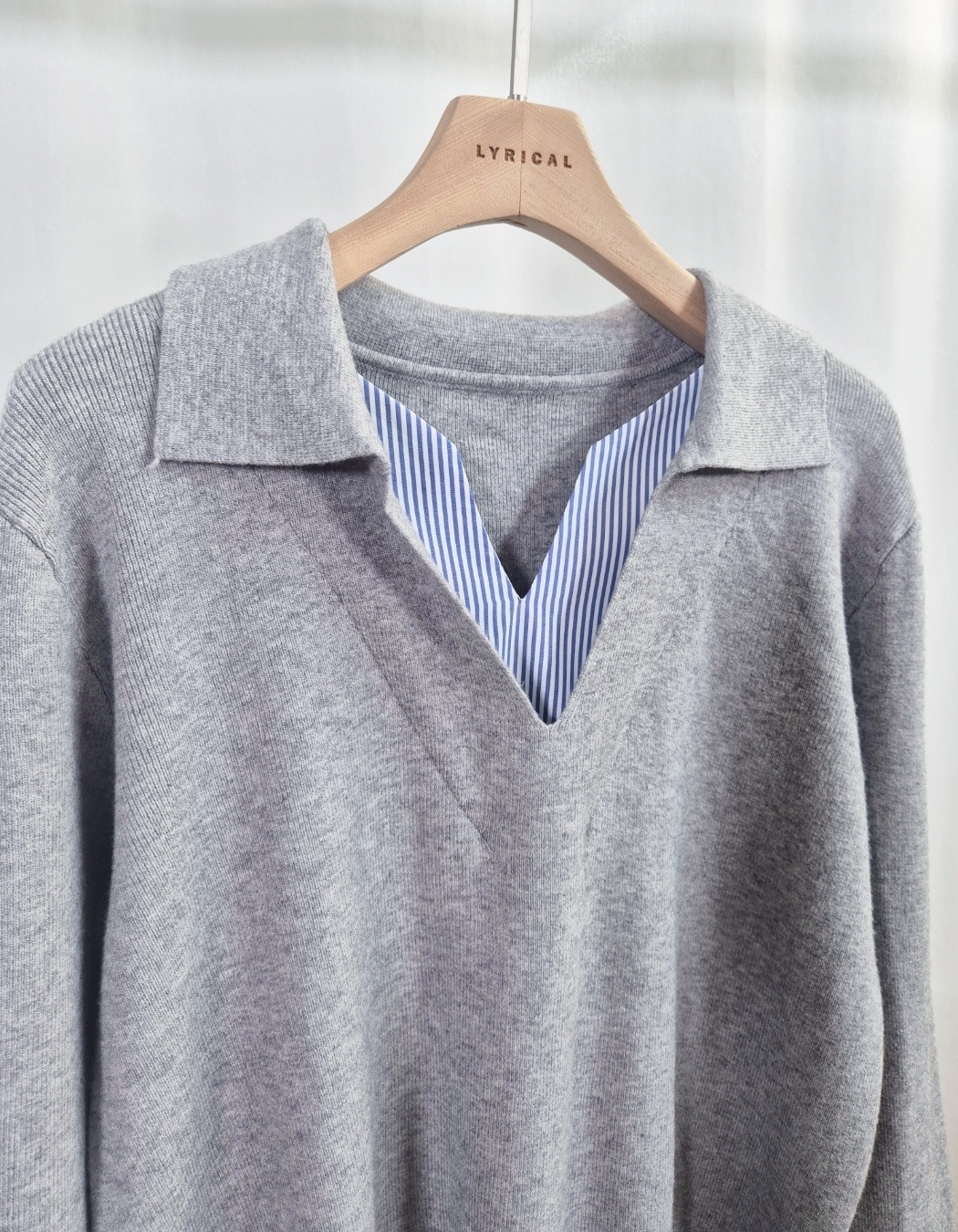 コンビオープンカラーレイヤード風ルーズ長袖ボーダーニット | 詳細画像12