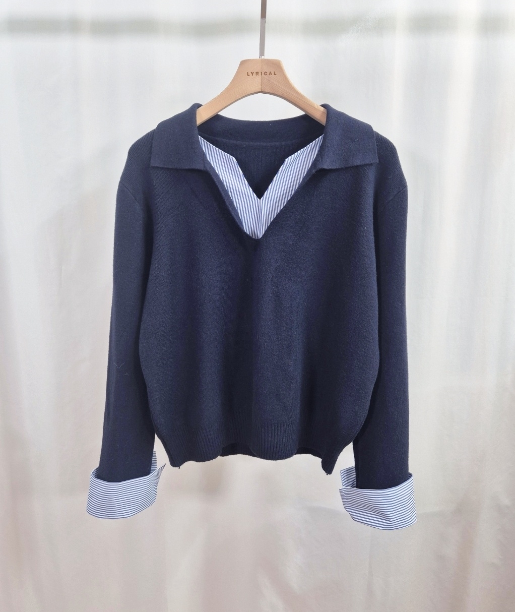 コンビオープンカラーレイヤード風ルーズ長袖ボーダーニット | 詳細画像13