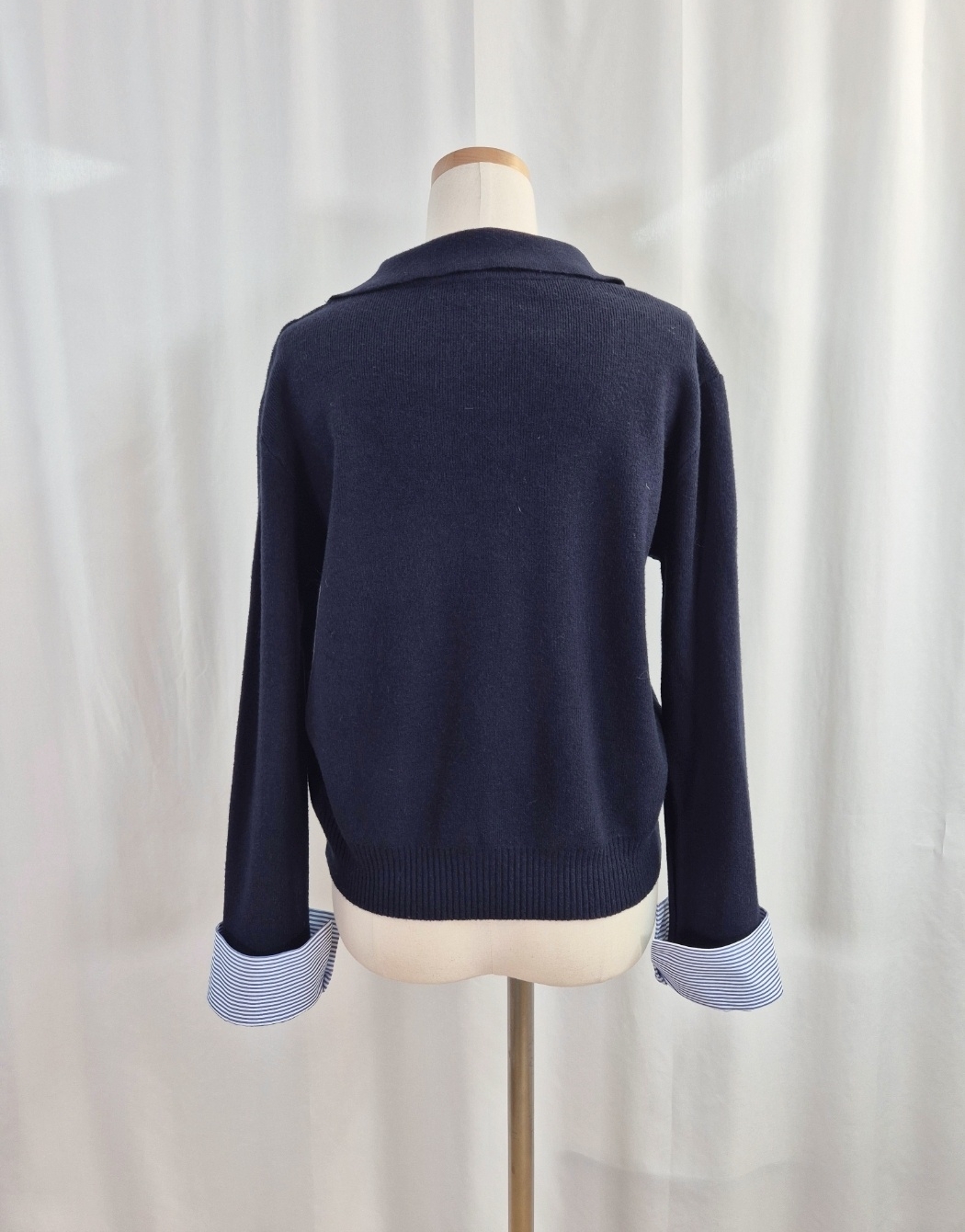 コンビオープンカラーレイヤード風ルーズ長袖ボーダーニット | 詳細画像15