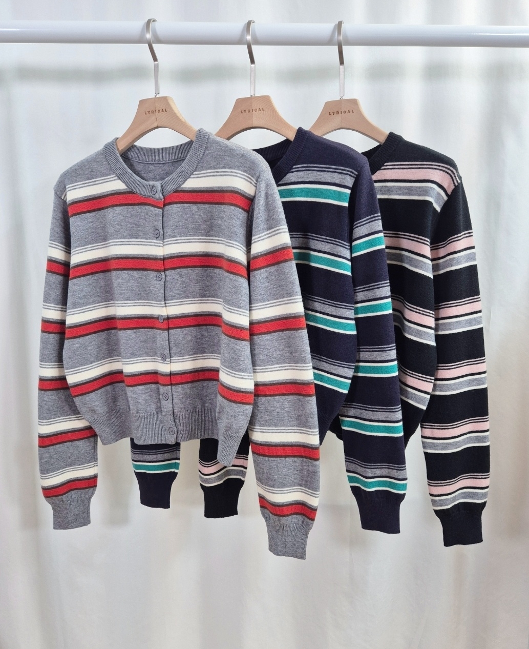 ボタンラウンドネック長袖ボーダー配色カーディガン | 詳細画像13