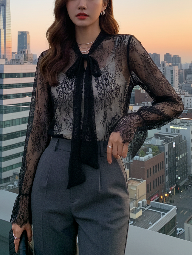 シフォンレースシースルーリボンVネックベルスリーブルーズ長袖ブラウス | 詳細画像4