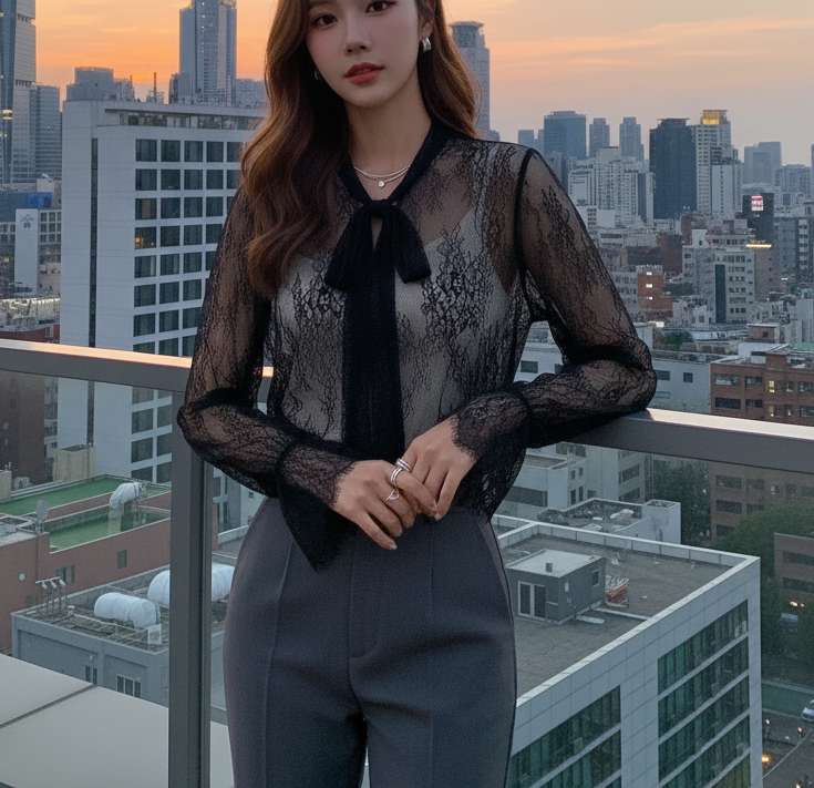 シフォンレースシースルーリボンVネックベルスリーブルーズ長袖ブラウス | 詳細画像5