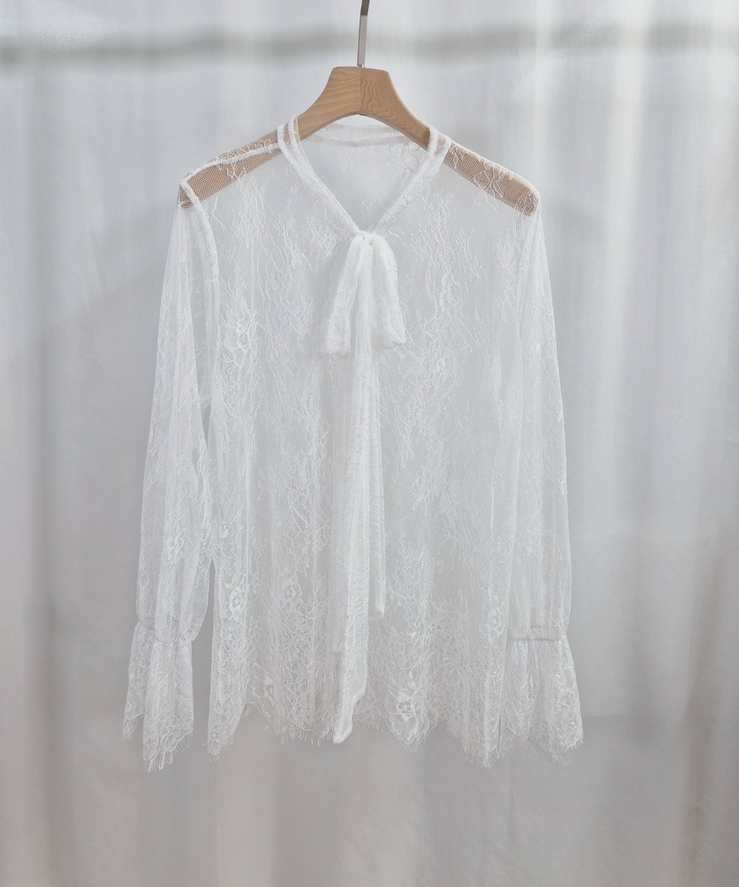 シフォンレースシースルーリボンVネックベルスリーブルーズ長袖ブラウス | 詳細画像7