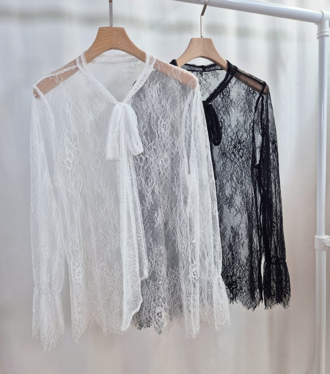 シフォンレースシースルーリボンVネックベルスリーブルーズ長袖ブラウス | 詳細画像14