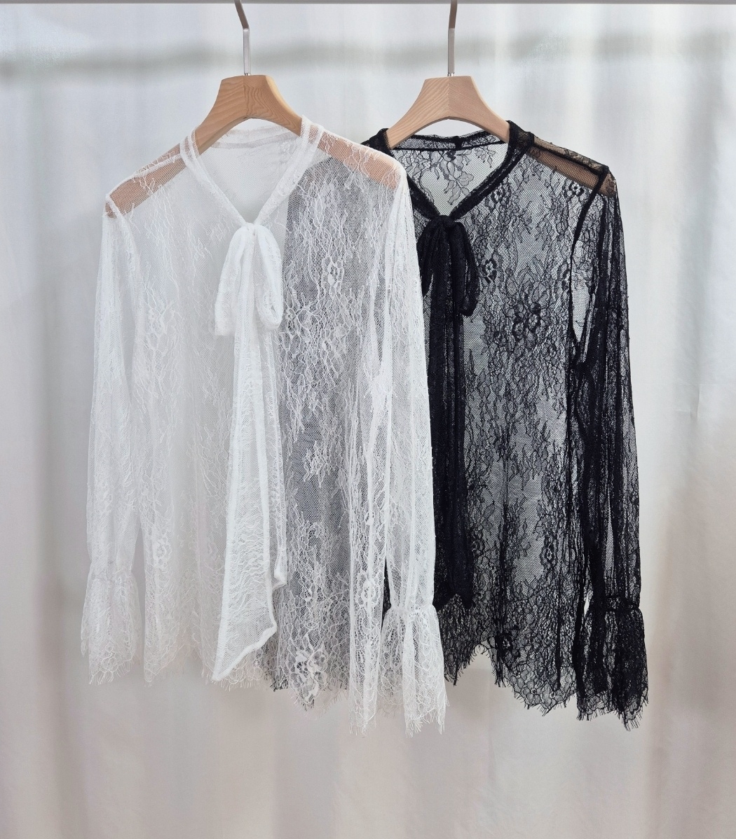 シフォンレースシースルーリボンVネックベルスリーブルーズ長袖ブラウス | 詳細画像6