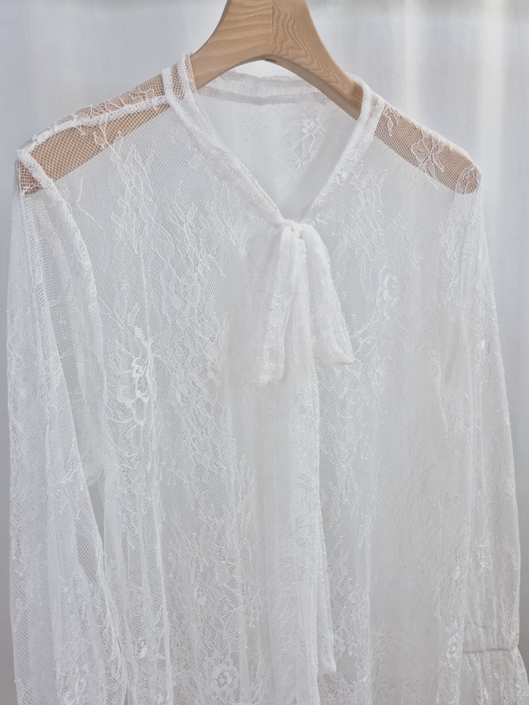 シフォンレースシースルーリボンVネックベルスリーブルーズ長袖ブラウス | 詳細画像8