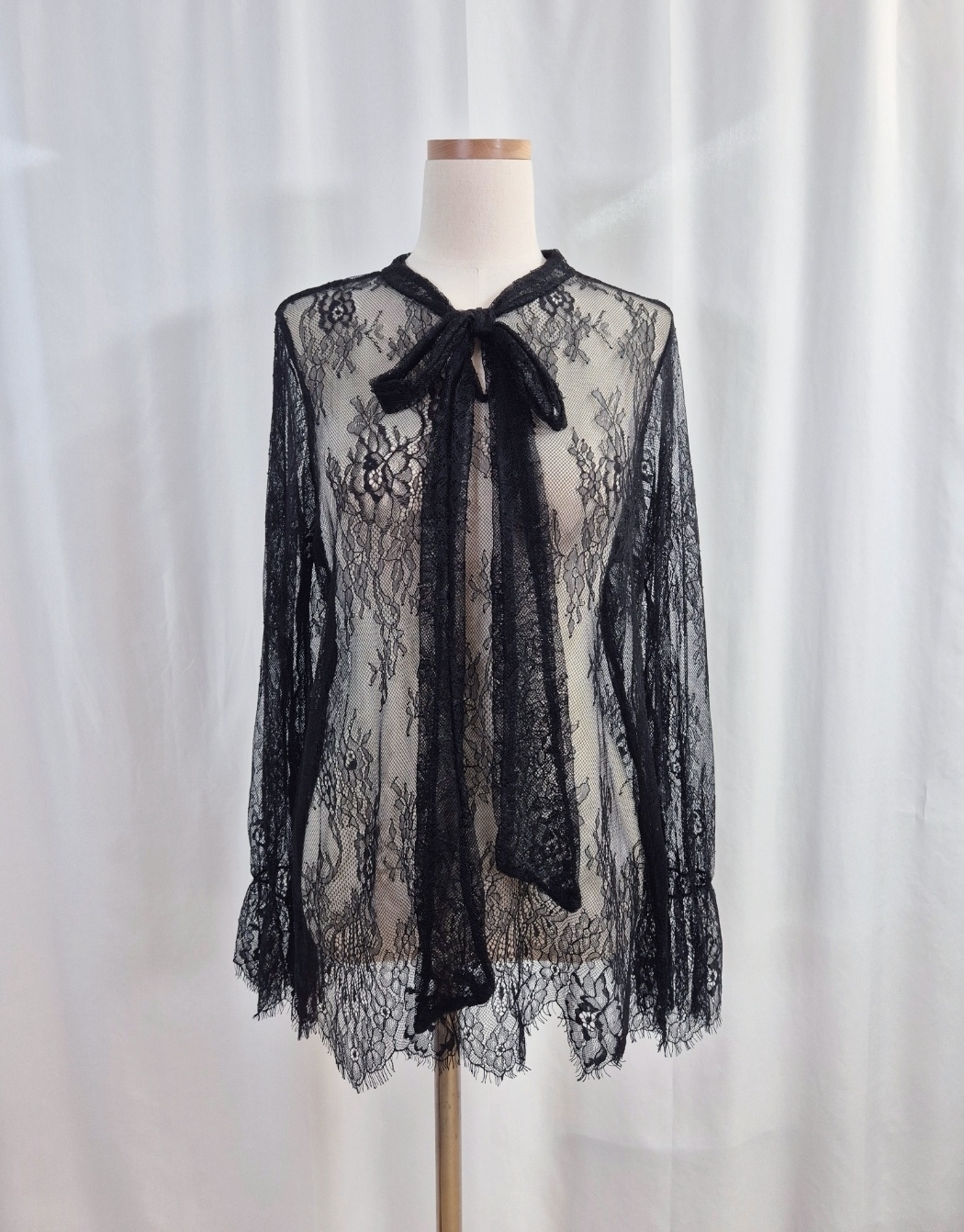 シフォンレースシースルーリボンVネックベルスリーブルーズ長袖ブラウス | 詳細画像11