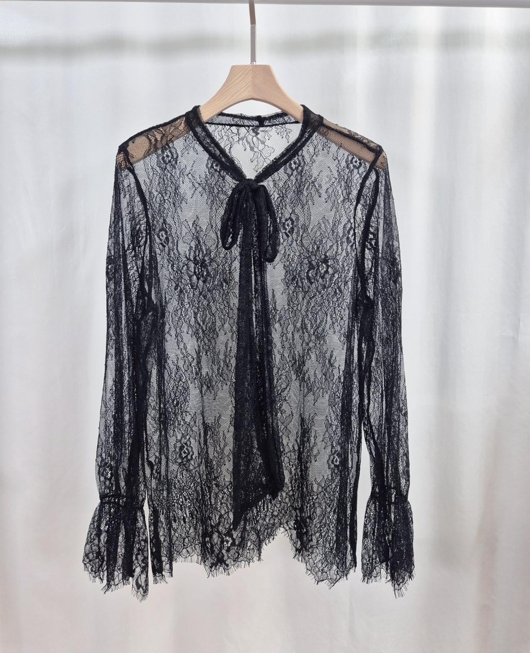 シフォンレースシースルーリボンVネックベルスリーブルーズ長袖ブラウス | 詳細画像9