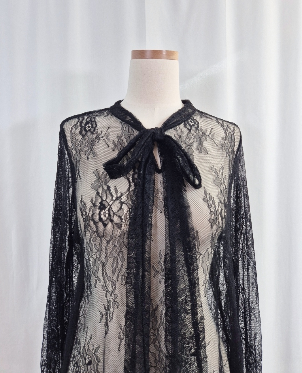 シフォンレースシースルーリボンVネックベルスリーブルーズ長袖ブラウス | 詳細画像12