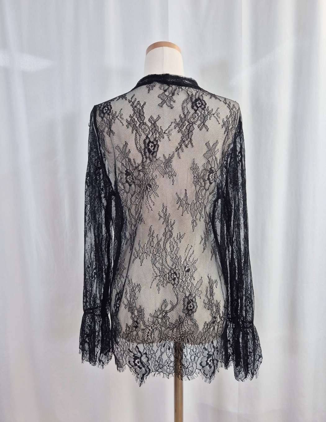 シフォンレースシースルーリボンVネックベルスリーブルーズ長袖ブラウス | 詳細画像13