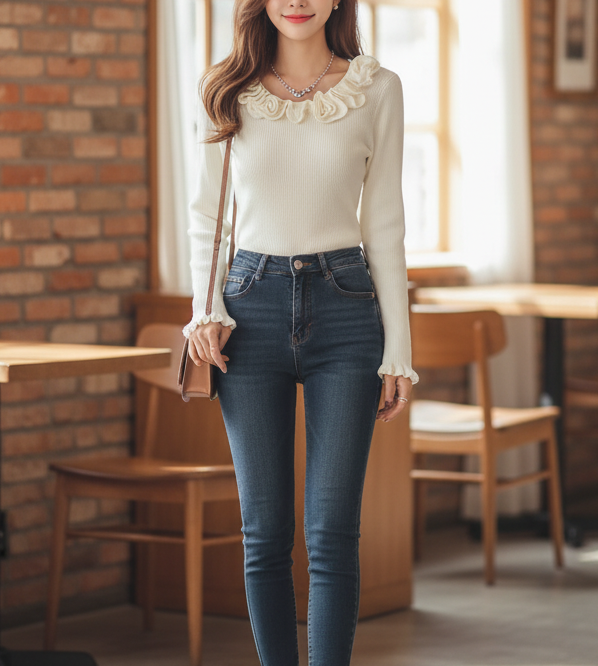 リブラウンドネックスリムベルスリーブ長袖ニット | 詳細画像2