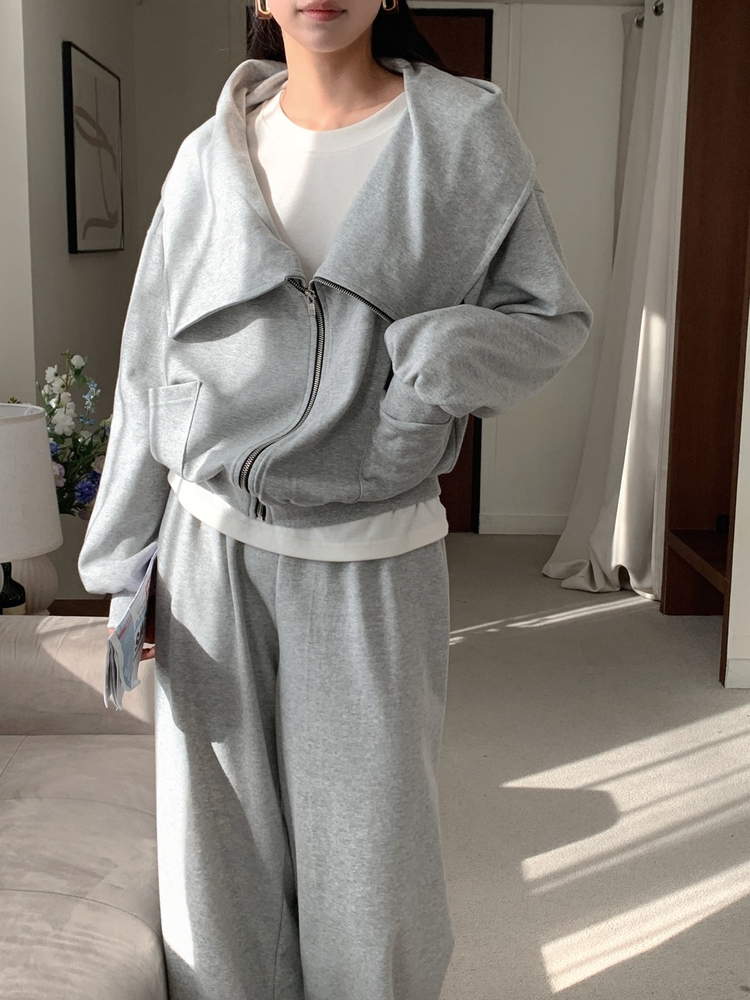 ジップアップフードポケットウエストゴムルーズワイドダイアゴナルツーピース(トップス、ボトムス)パンツジップパーカー | 詳細画像18