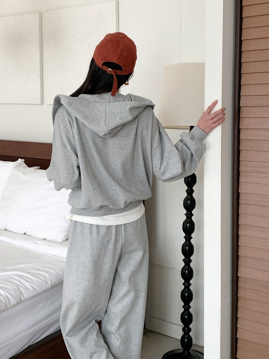 ジップアップフードポケットウエストゴムルーズワイドダイアゴナルツーピース(トップス、ボトムス)パンツジップパーカー | 詳細画像3