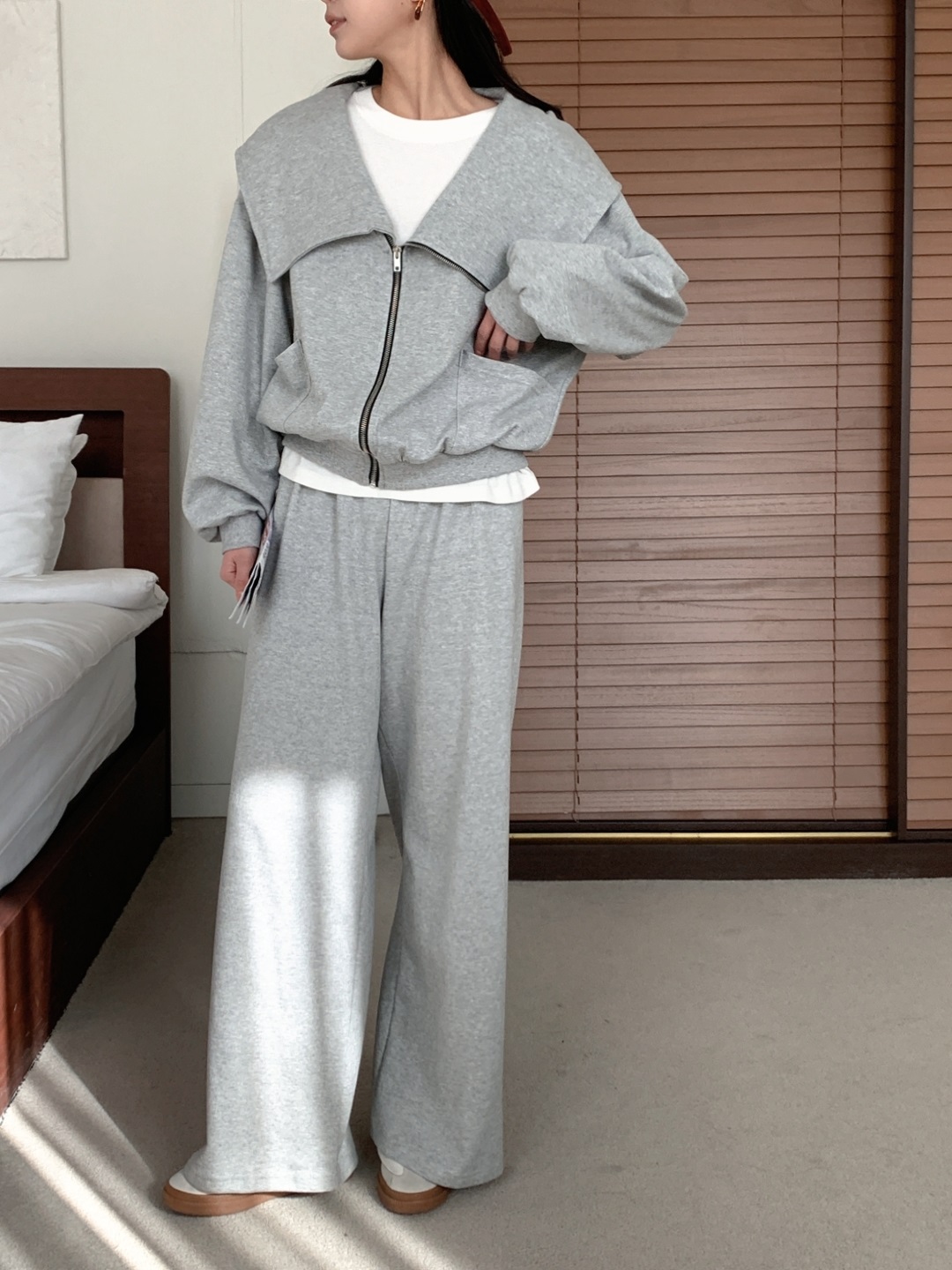 ジップアップフードポケットウエストゴムルーズワイドダイアゴナルツーピース(トップス、ボトムス)パンツジップパーカー | 詳細画像4