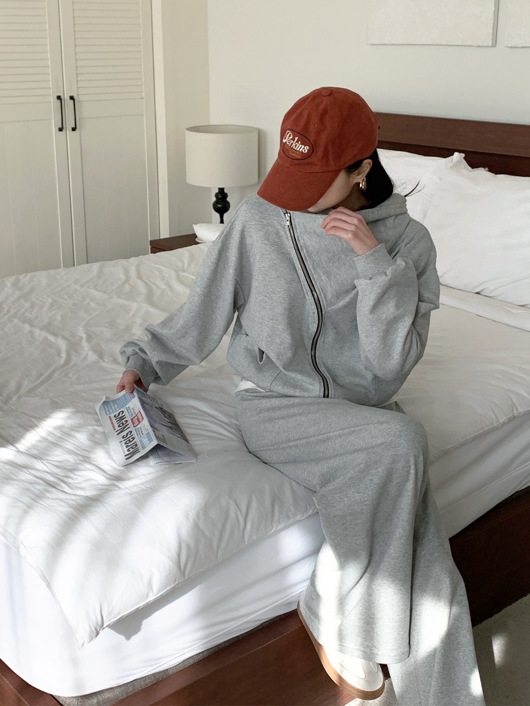 ジップアップフードポケットウエストゴムルーズワイドダイアゴナルツーピース(トップス、ボトムス)パンツジップパーカー | 詳細画像5