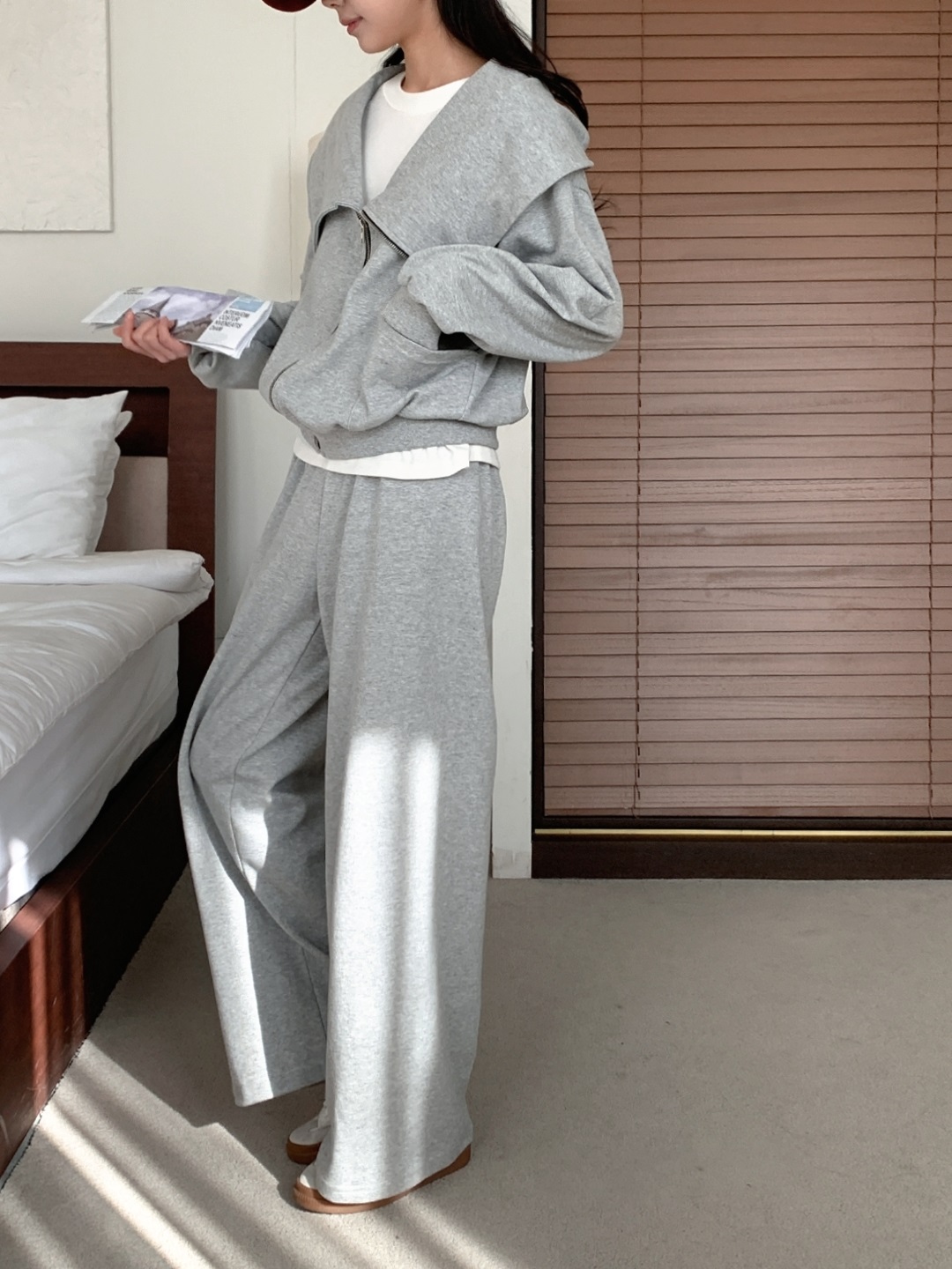 ジップアップフードポケットウエストゴムルーズワイドダイアゴナルツーピース(トップス、ボトムス)パンツジップパーカー | 詳細画像6