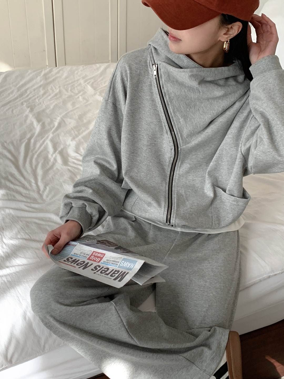 ジップアップフードポケットウエストゴムルーズワイドダイアゴナルツーピース(トップス、ボトムス)パンツジップパーカー | 詳細画像7