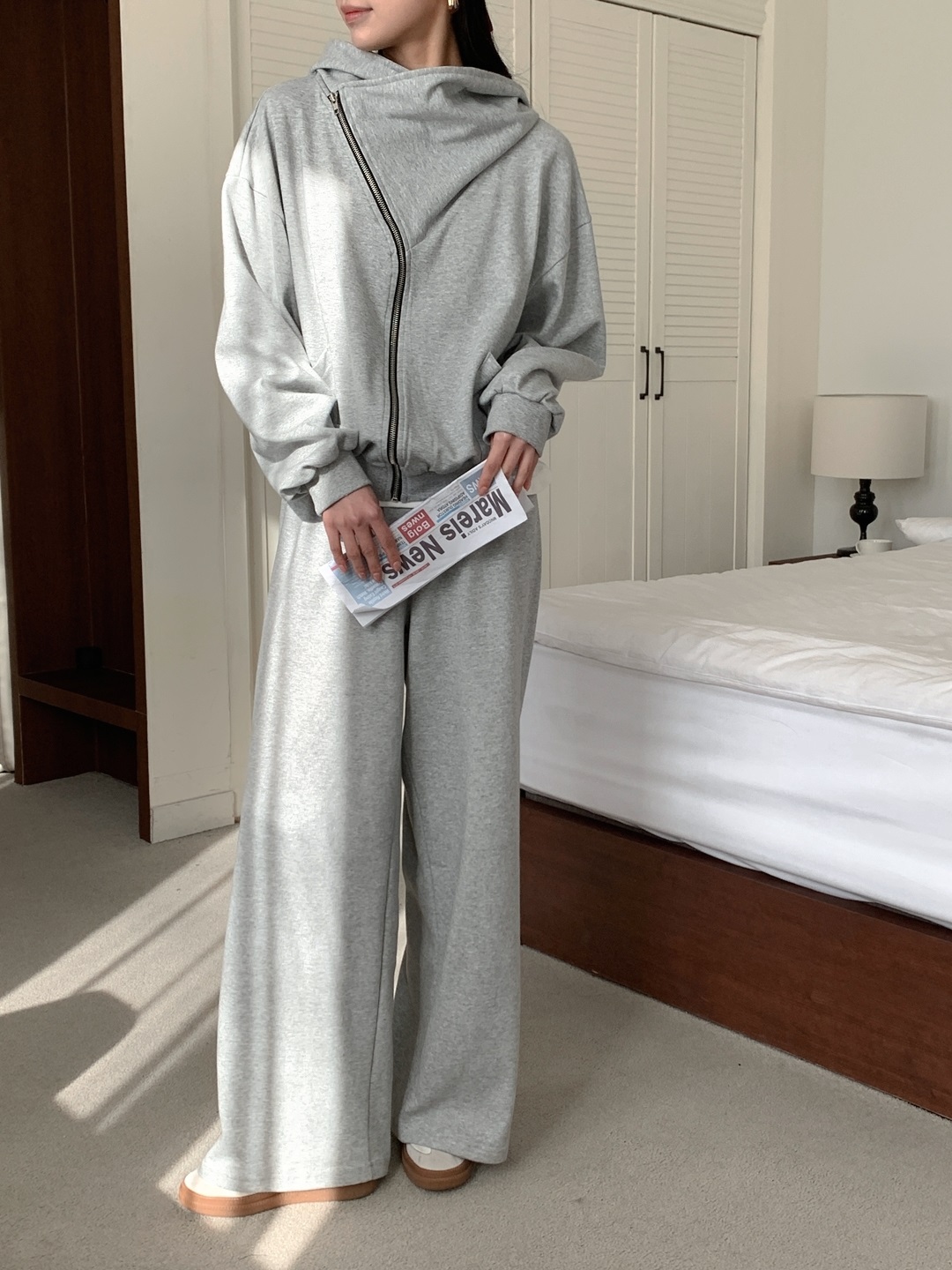 ジップアップフードポケットウエストゴムルーズワイドダイアゴナルツーピース(トップス、ボトムス)パンツジップパーカー | 詳細画像9