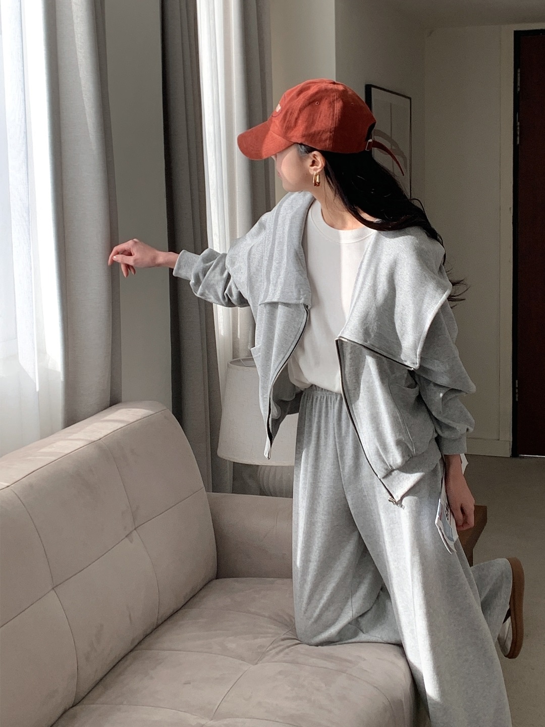 ジップアップフードポケットウエストゴムルーズワイドダイアゴナルツーピース(トップス、ボトムス)パンツジップパーカー | 詳細画像10