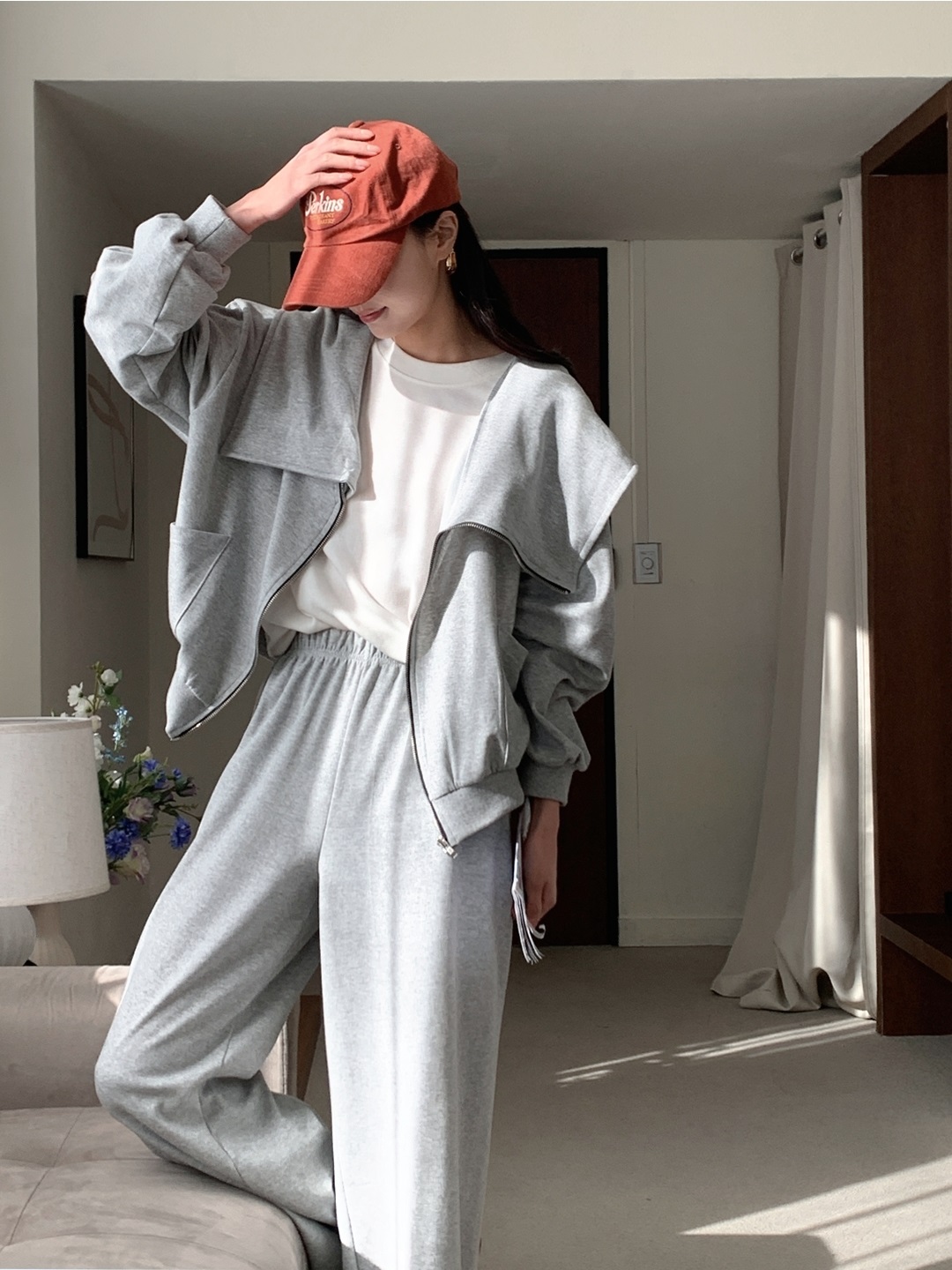 ジップアップフードポケットウエストゴムルーズワイドダイアゴナルツーピース(トップス、ボトムス)パンツジップパーカー | 詳細画像11