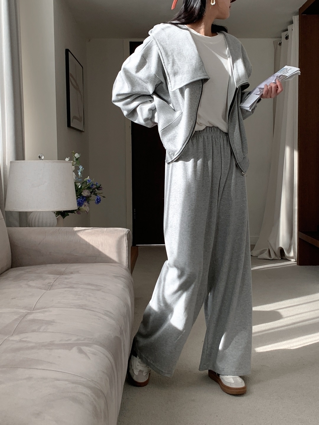 ジップアップフードポケットウエストゴムルーズワイドダイアゴナルツーピース(トップス、ボトムス)パンツジップパーカー | 詳細画像12