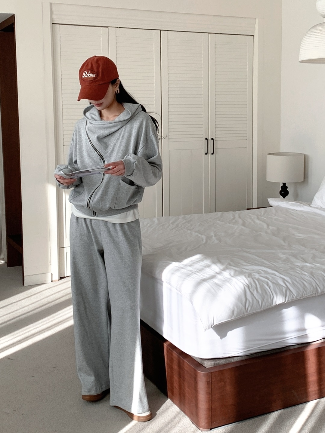 ジップアップフードポケットウエストゴムルーズワイドダイアゴナルツーピース(トップス、ボトムス)パンツジップパーカー | 詳細画像15