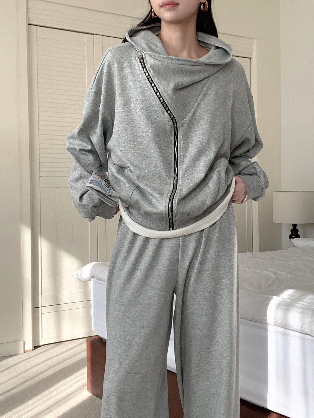 ジップアップフードポケットウエストゴムルーズワイドダイアゴナルツーピース(トップス、ボトムス)パンツジップパーカー | 詳細画像2