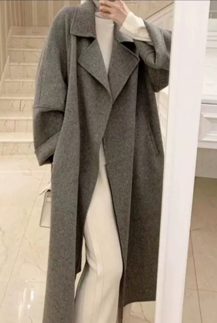 ウール混スリットポケットオープンカラーロング長袖ビッグループコートストラップ付 | 詳細画像4