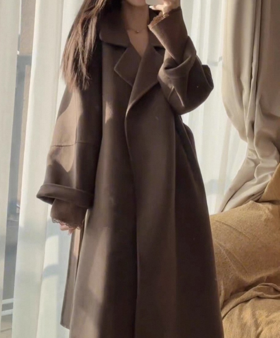 ウール混スリットポケットオープンカラーロング長袖ビッグループコートストラップ付 | 詳細画像6