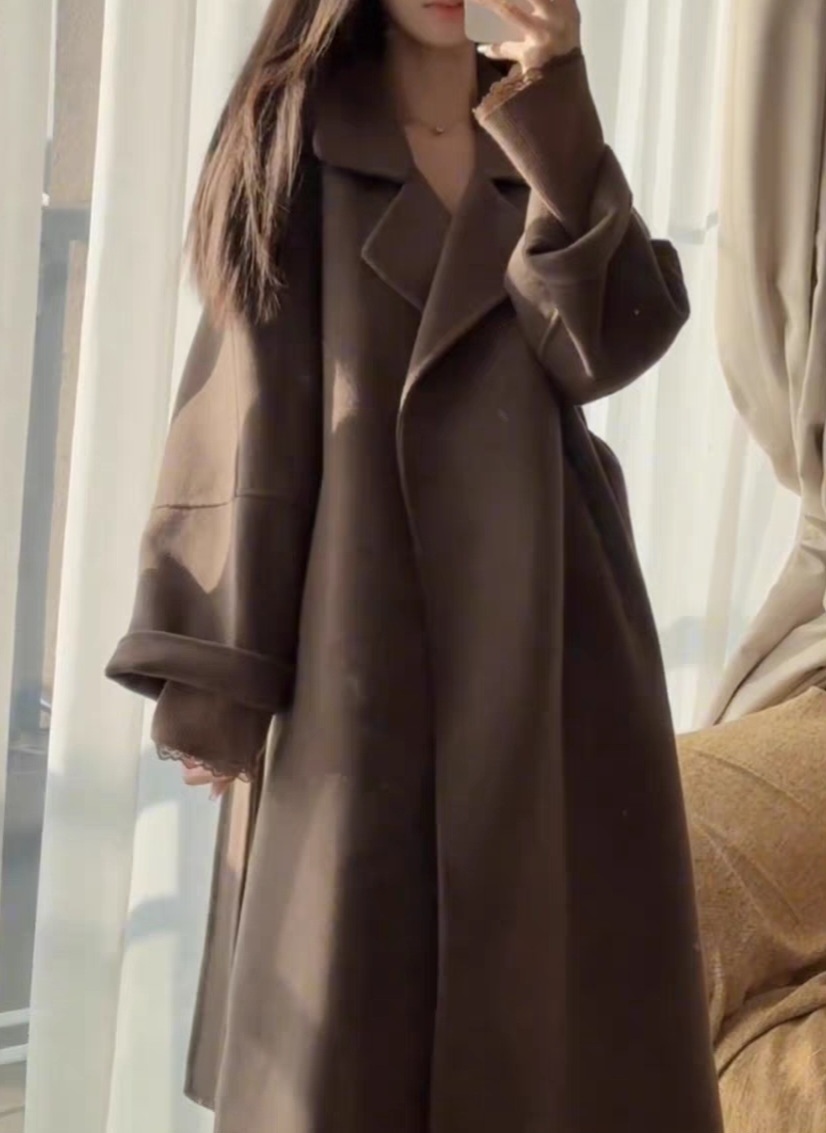 ウール混スリットポケットオープンカラーロング長袖ビッグループコートストラップ付 | 詳細画像8