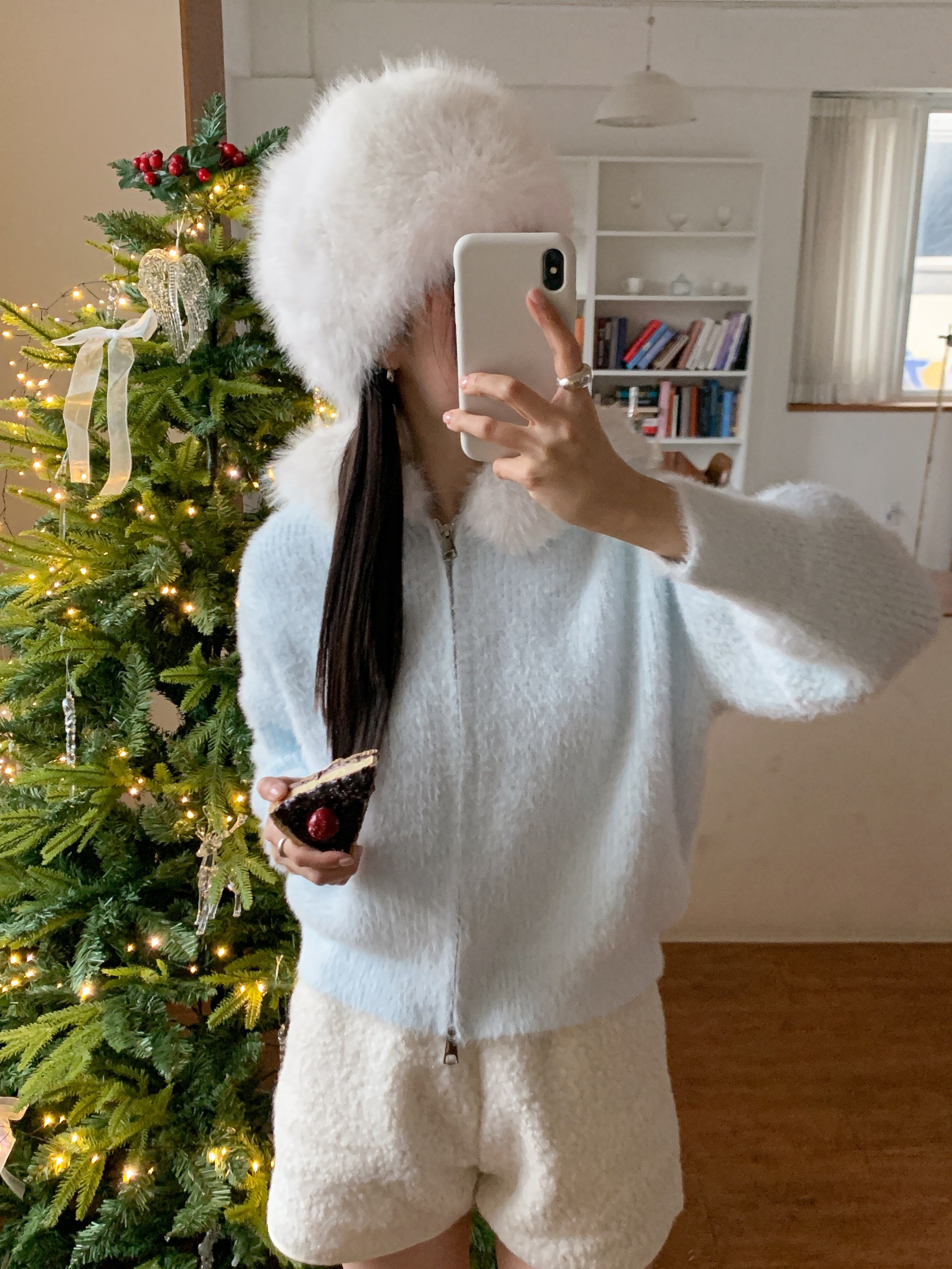 エコファーナイロンフードダブルジップルーズ長袖カーディガン | 詳細画像4