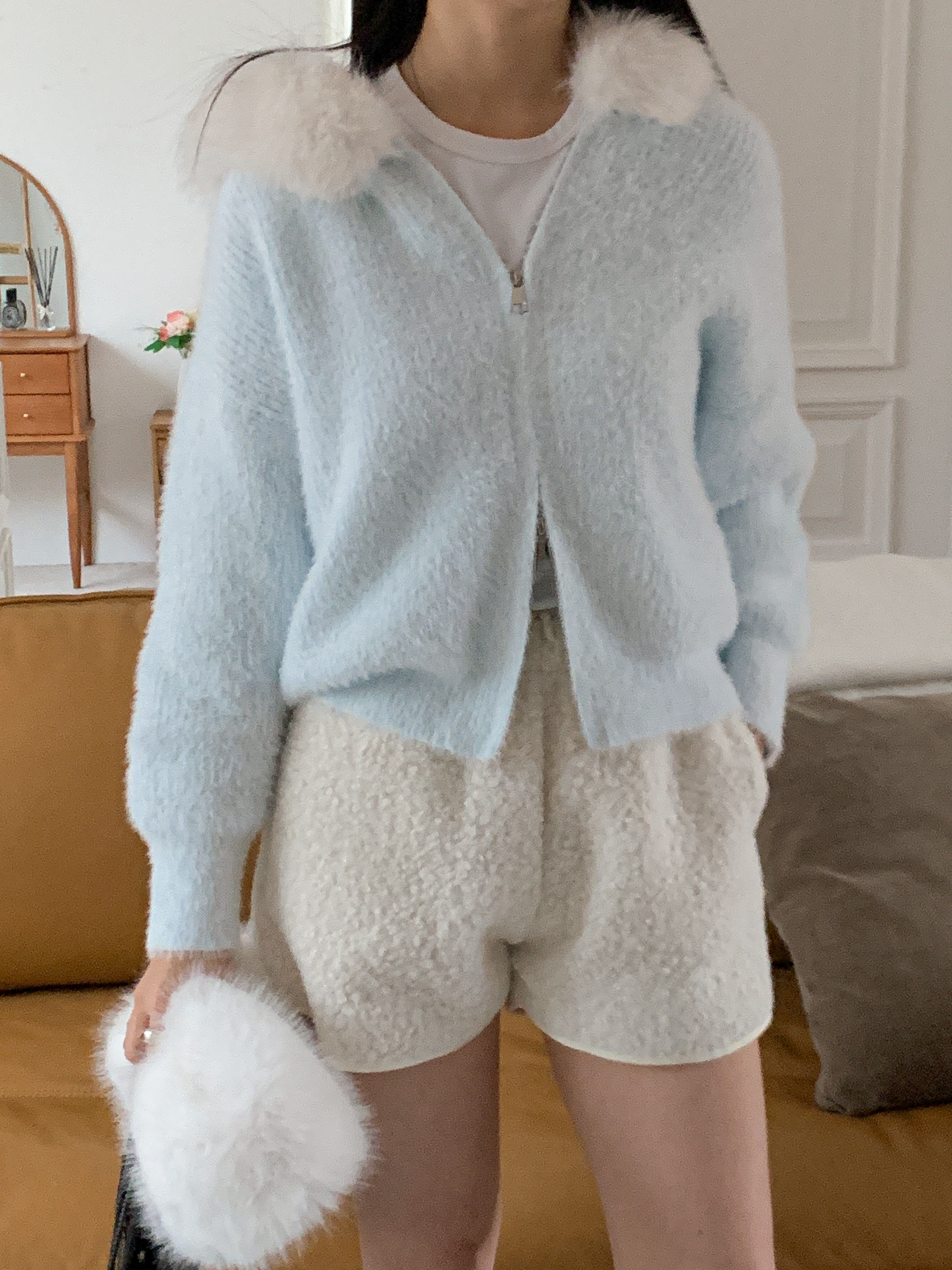 エコファーナイロンフードダブルジップルーズ長袖カーディガン | 詳細画像7