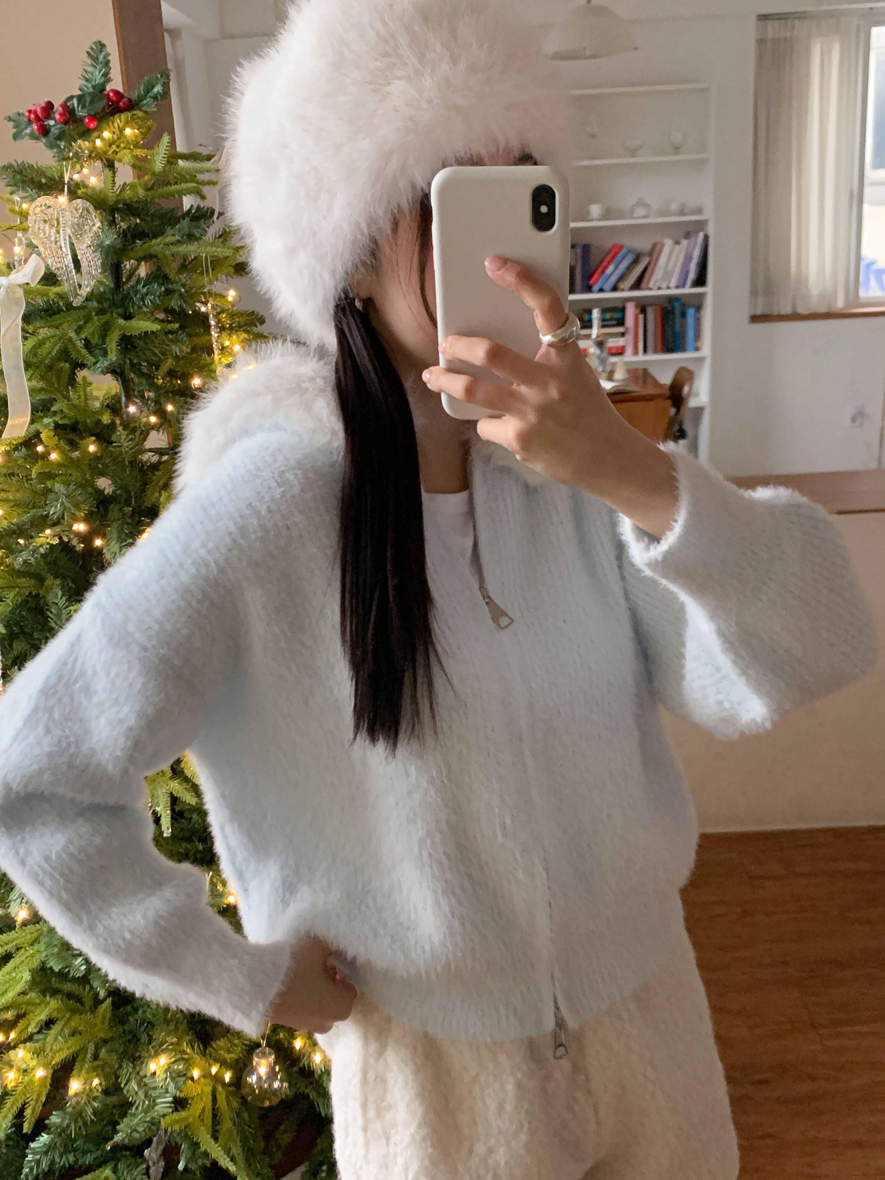 エコファーナイロンフードダブルジップルーズ長袖カーディガン | 詳細画像8