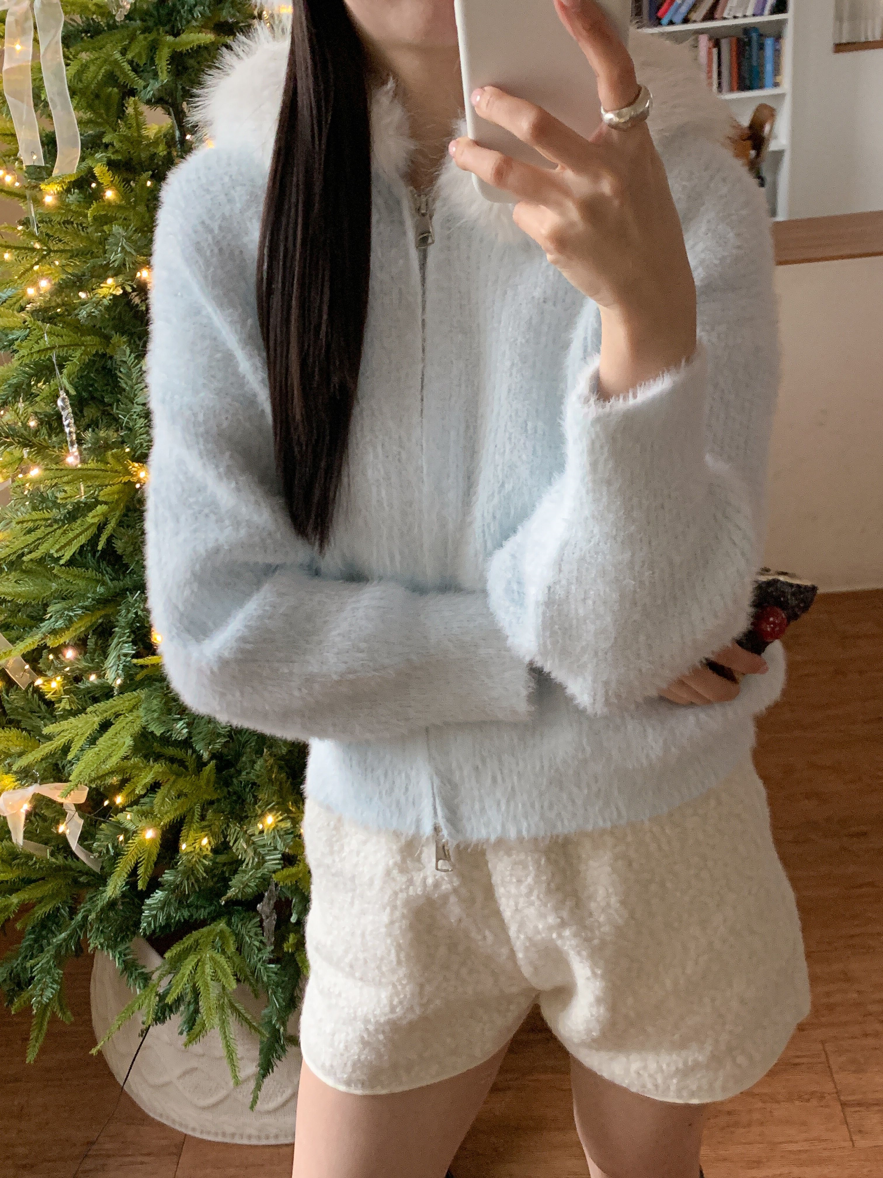 エコファーナイロンフードダブルジップルーズ長袖カーディガン | 詳細画像12