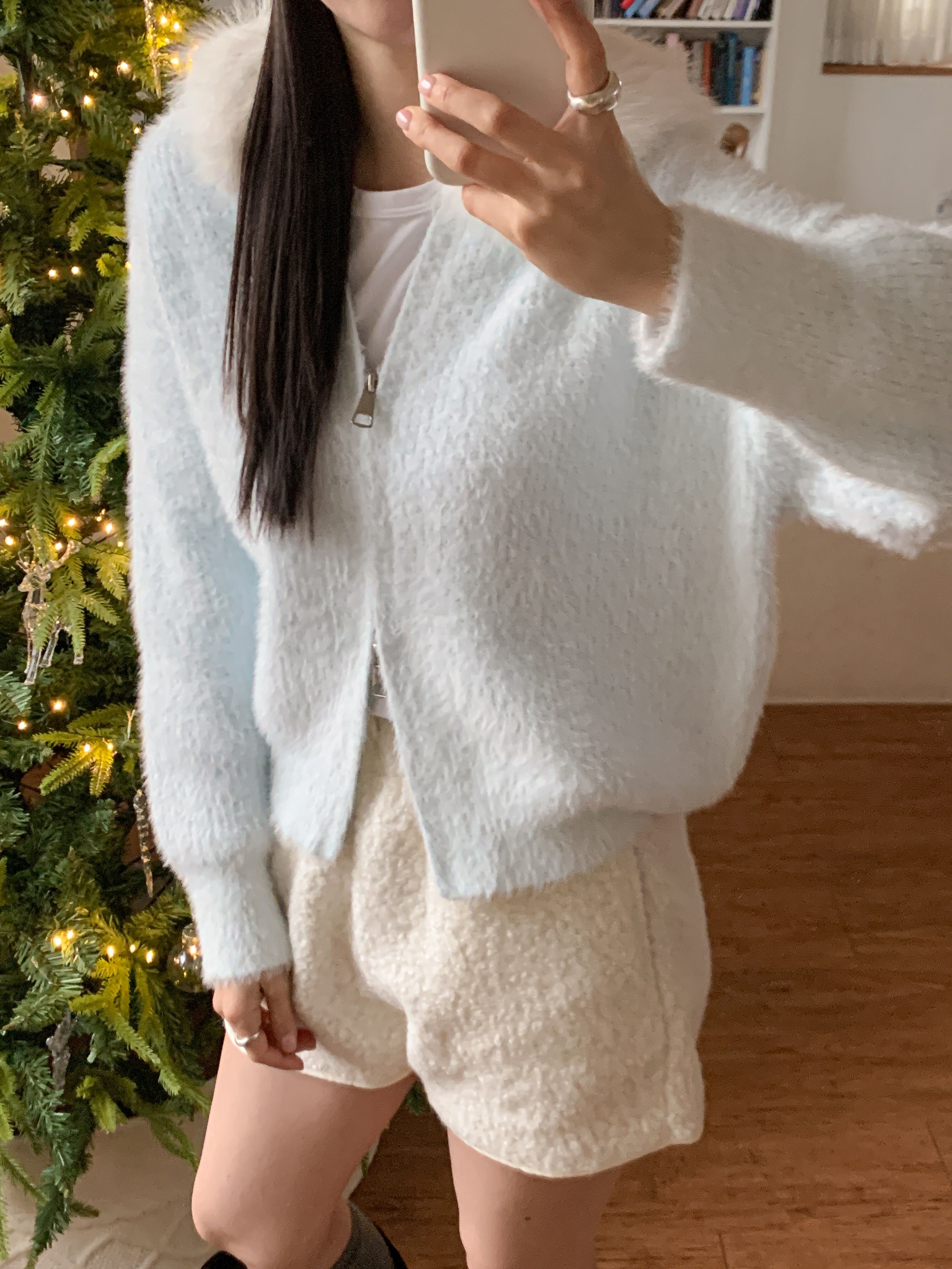 エコファーナイロンフードダブルジップルーズ長袖カーディガン | 詳細画像13