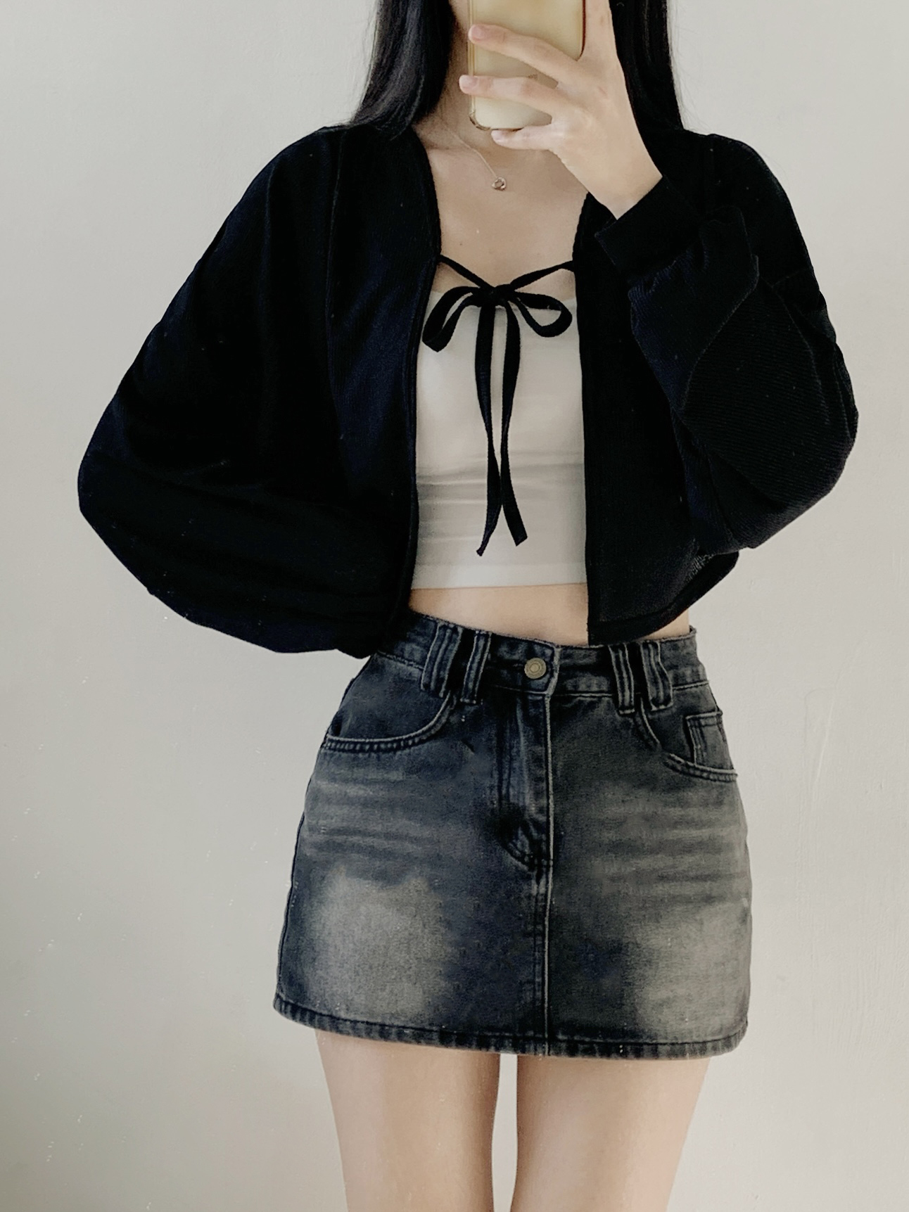 シースルーリボンクロップドルーズ長袖無地カーディガン | 詳細画像13