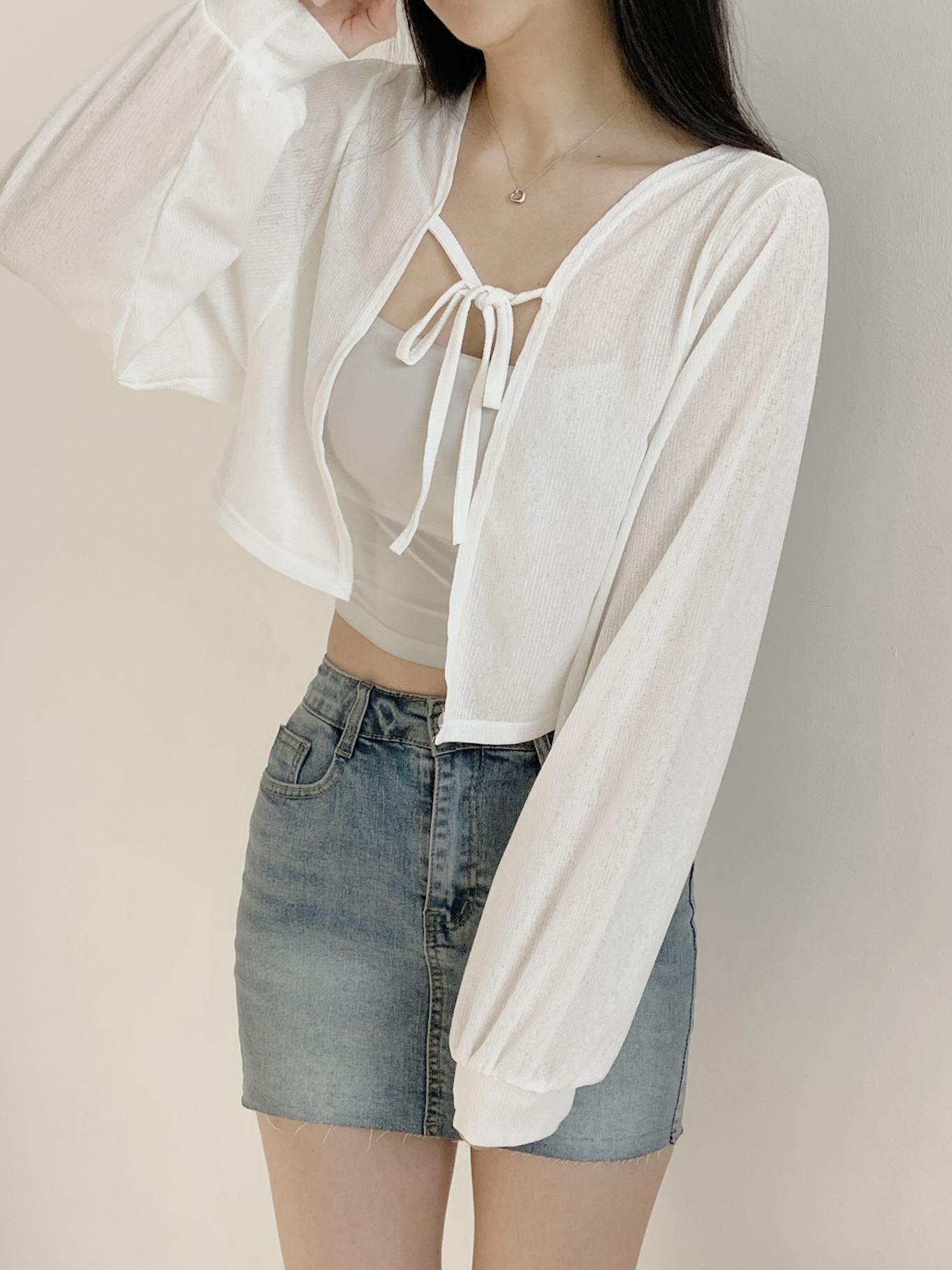 シースルーリボンクロップドルーズ長袖無地カーディガン | 詳細画像3