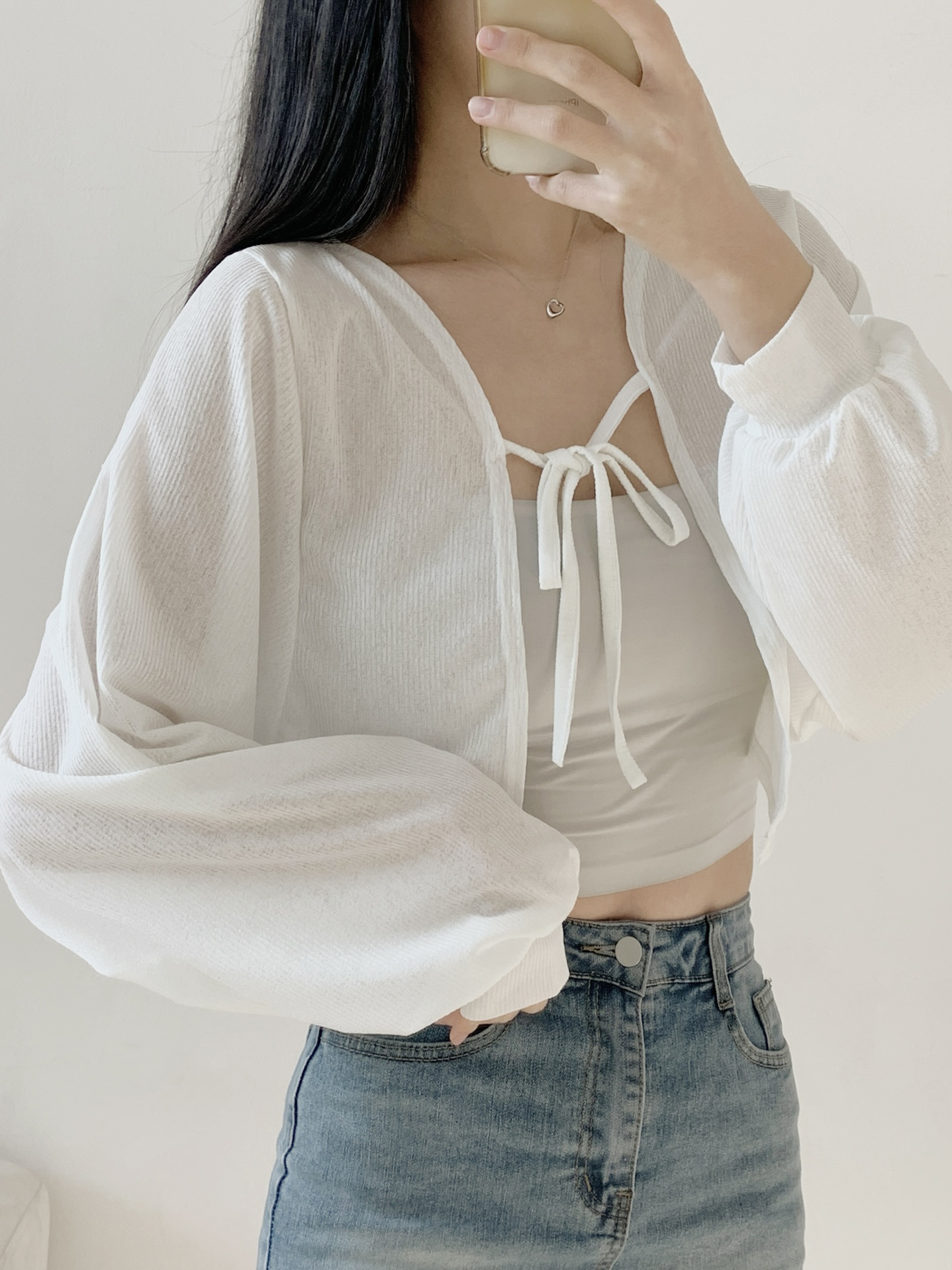 シースルーリボンクロップドルーズ長袖無地カーディガン | 詳細画像7