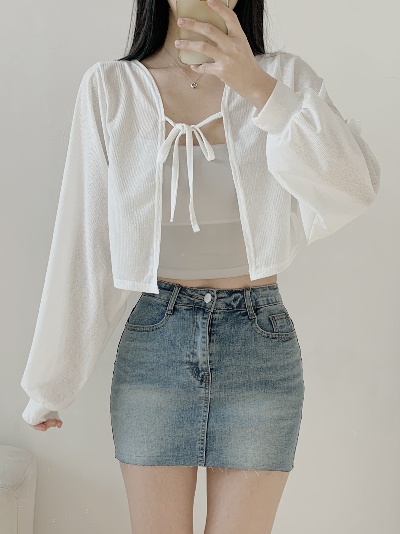 シースルーリボンクロップドルーズ長袖無地カーディガン | 詳細画像4