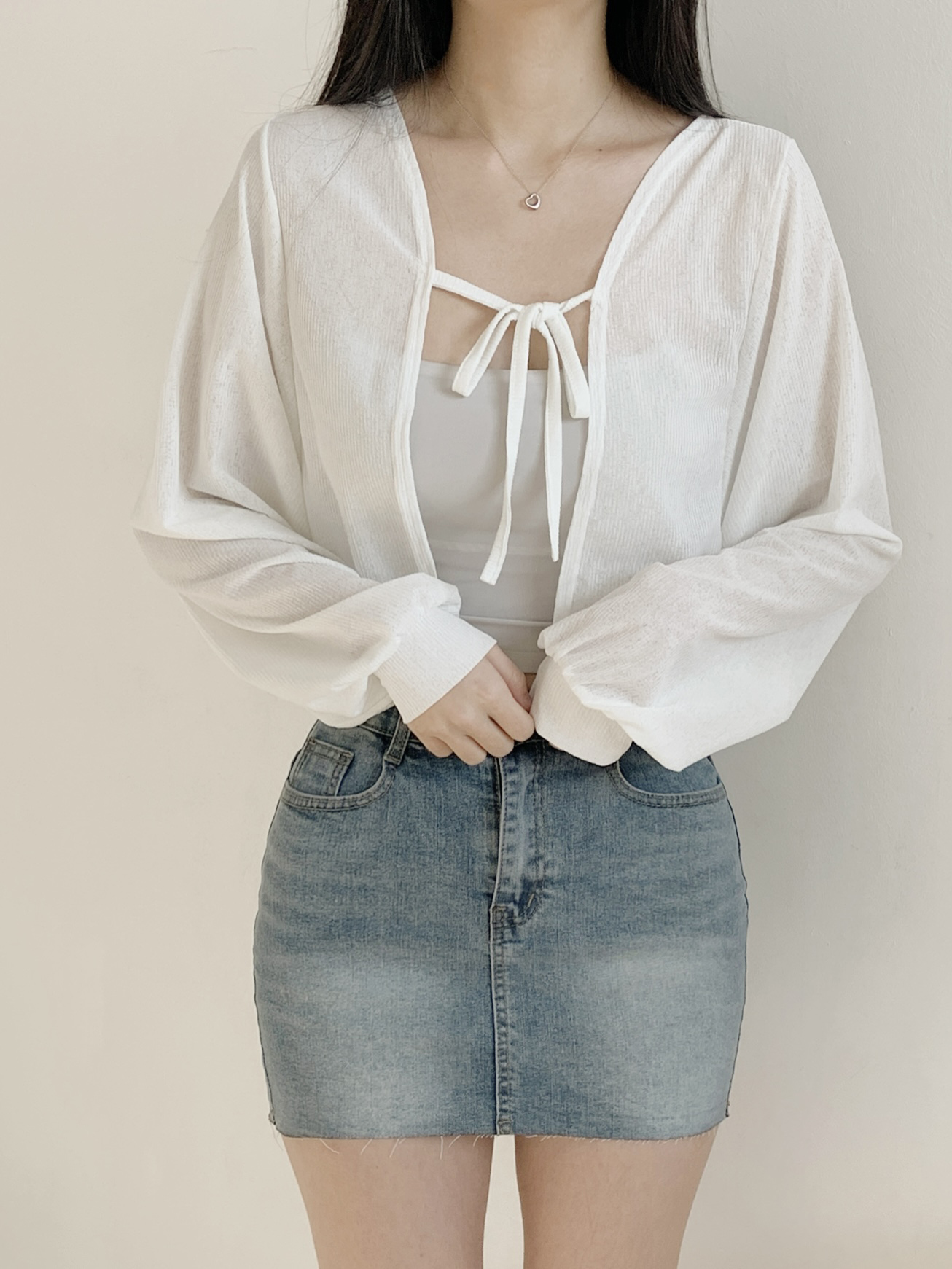 シースルーリボンクロップドルーズ長袖無地カーディガン | 詳細画像6