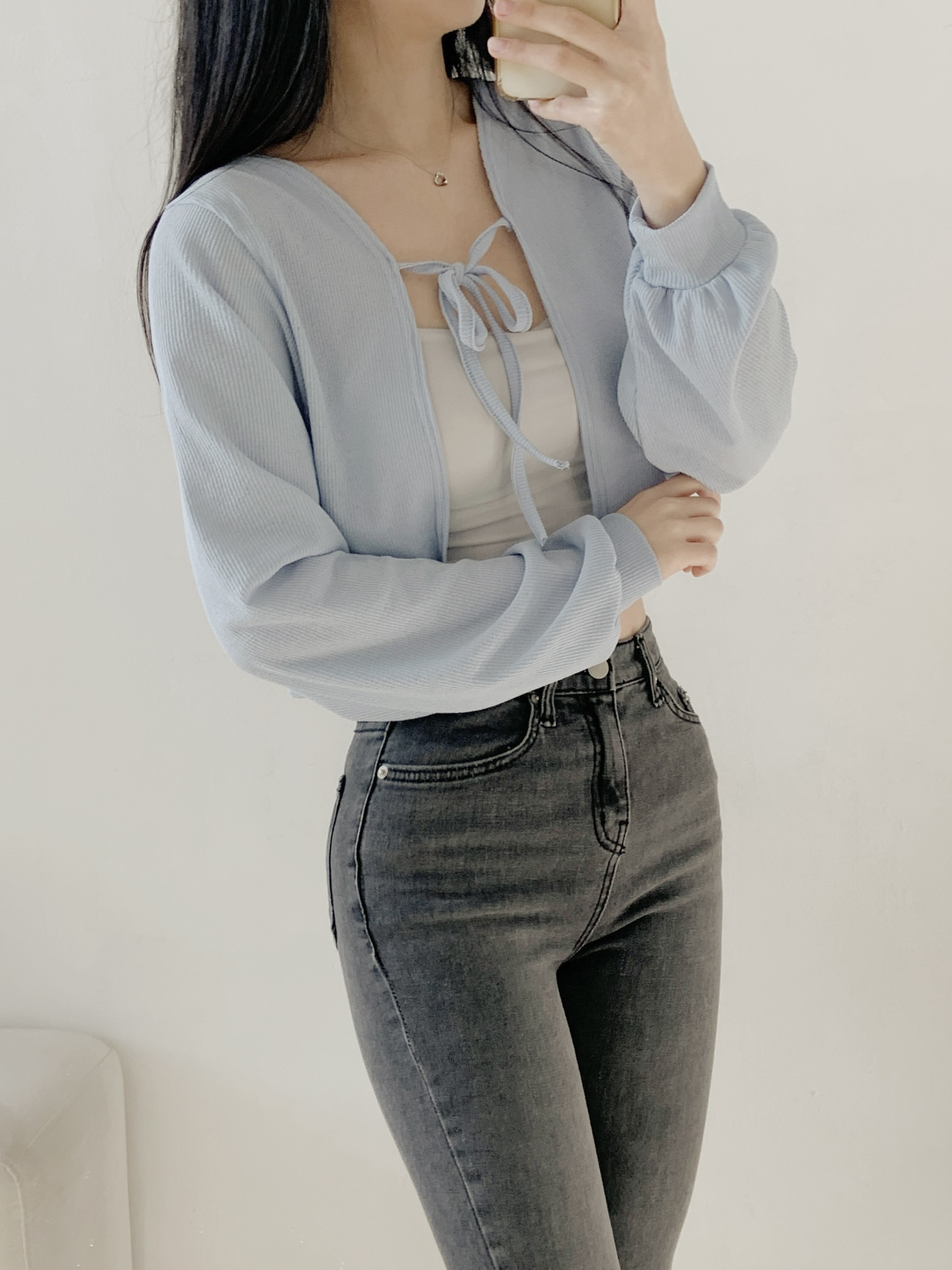 シースルーリボンクロップドルーズ長袖無地カーディガン | 詳細画像12
