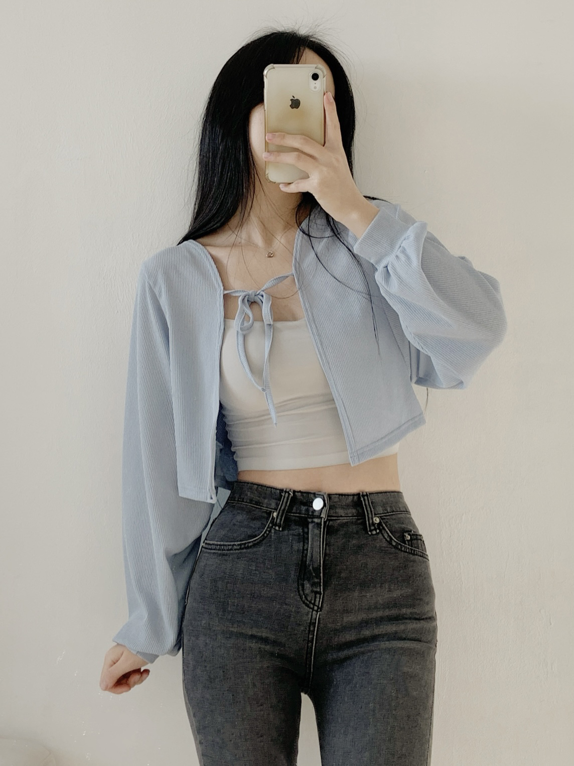 シースルーリボンクロップドルーズ長袖無地カーディガン | 詳細画像8